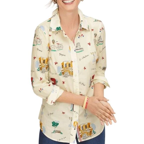 Women’s L Talbots Scenic France Classic Cotton Shirt Paris Print Button Up L - Picture 1 of 5
